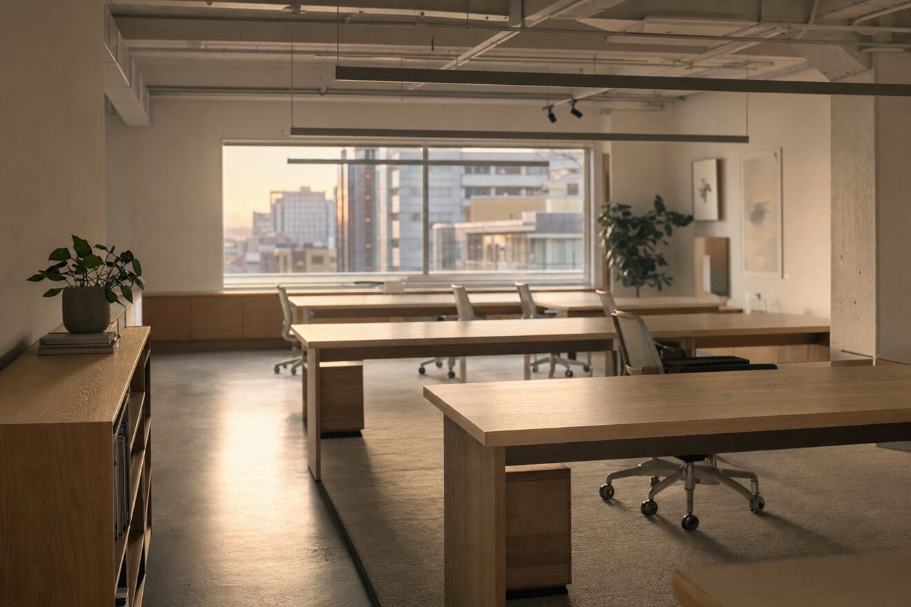 An empty open plan office in the evening, chairs pushed in, bins emptied, overhead lights half off