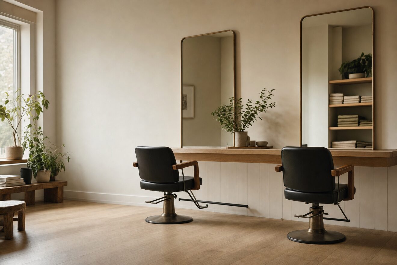 An empty hair salon after closing, styling chairs pushed in, mirrors clean, floor swept