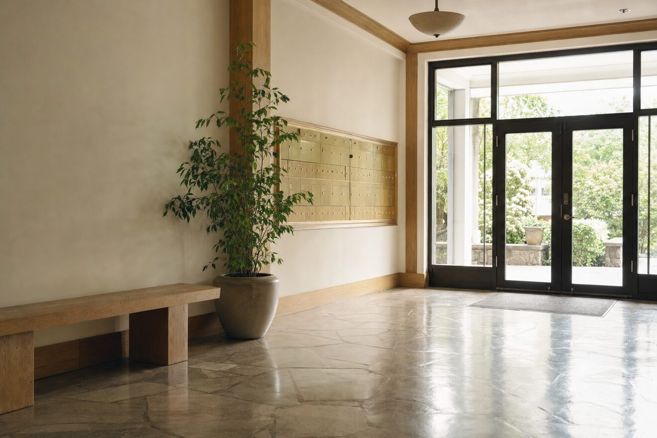 A condo lobby early in the morning, stone floor freshly mopped, glass entry doors and mail wall
