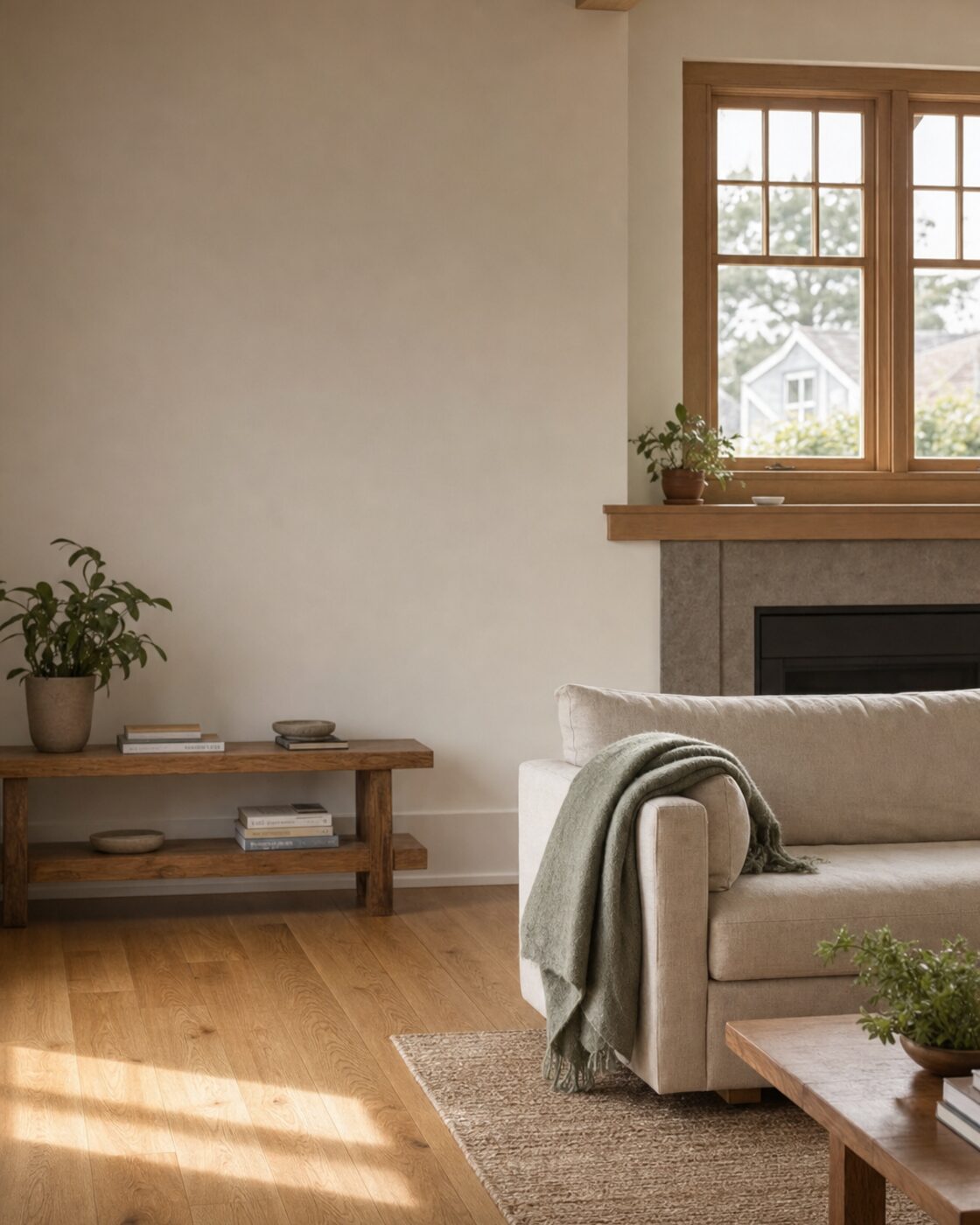 A quiet, freshly cleaned West Coast living room in late morning light, wood floors and a wool throw over the arm of a sofa