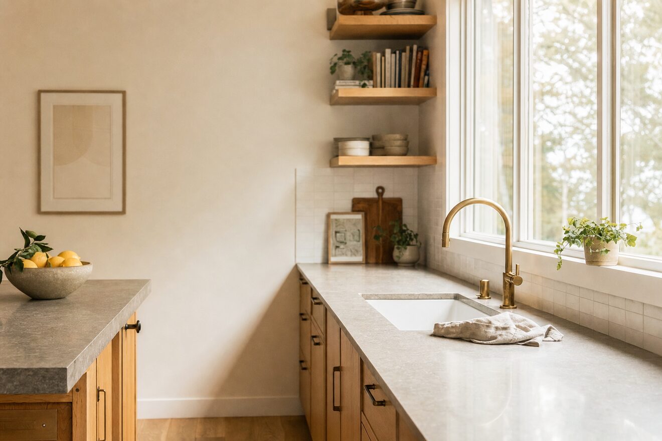 A tidy family kitchen in late morning light, counters clear, a folded cloth by the sink
